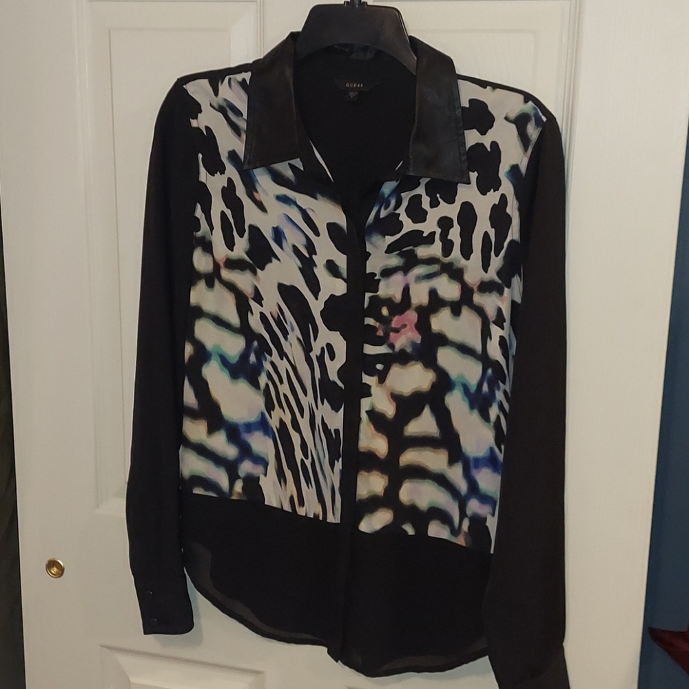 Vintage Guess Sheer Top Animal Print with Faux Leather Collar Medium